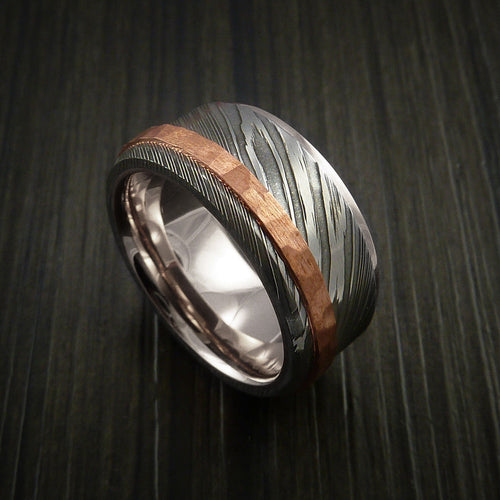 Canyon XII - Damascus Steel 14K White Gold Men's Ring Wedding Ring with Hammered Copper Inlay - view 2 - Nura Lab