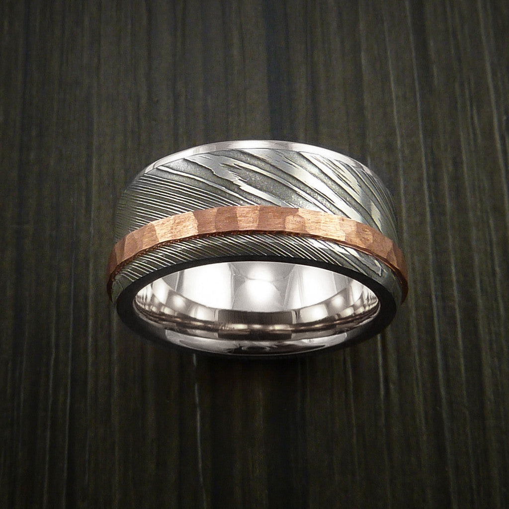 Canyon XII - Damascus Steel 14K White Gold Men's Ring Wedding Ring with Hammered Copper Inlay - view 3 - Nura Lab