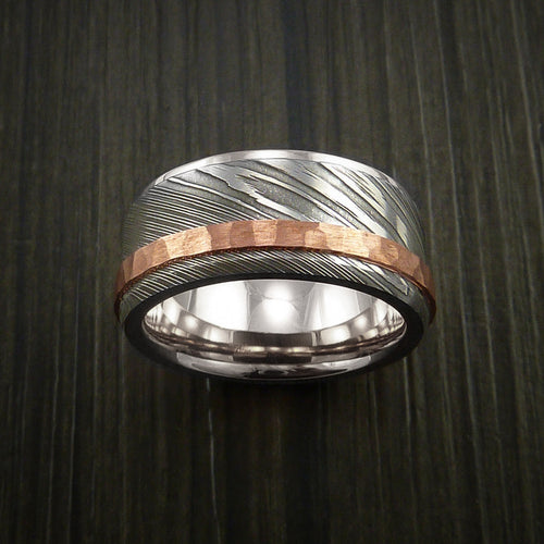 Canyon XII - Damascus Steel 14K White Gold Men's Ring Wedding Ring with Hammered Copper Inlay - view 3 - Nura Lab