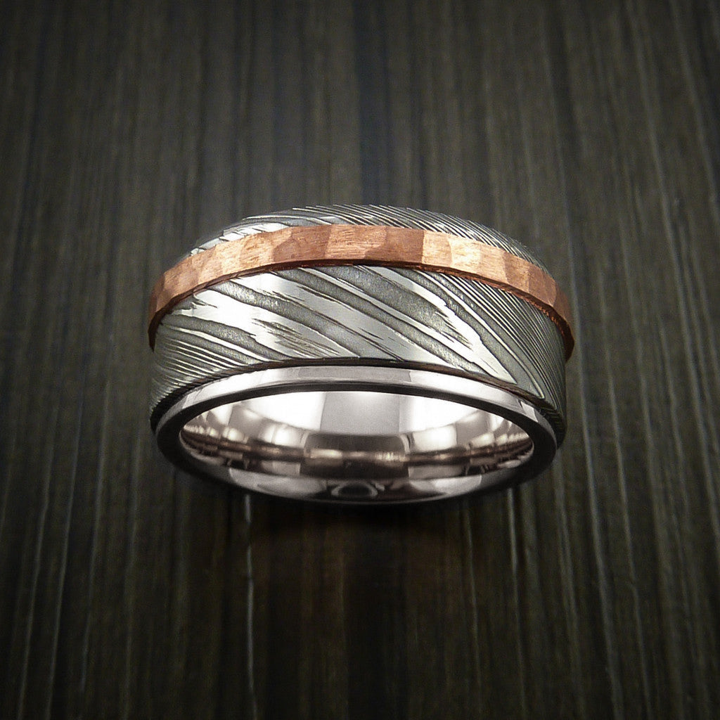 Canyon XII - Damascus Steel 14K White Gold Men's Ring Wedding Ring with Hammered Copper Inlay - view 4 - Nura Lab