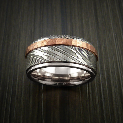 Canyon XII - Damascus Steel 14K White Gold Men's Ring Wedding Ring with Hammered Copper Inlay - view 4 - Nura Lab