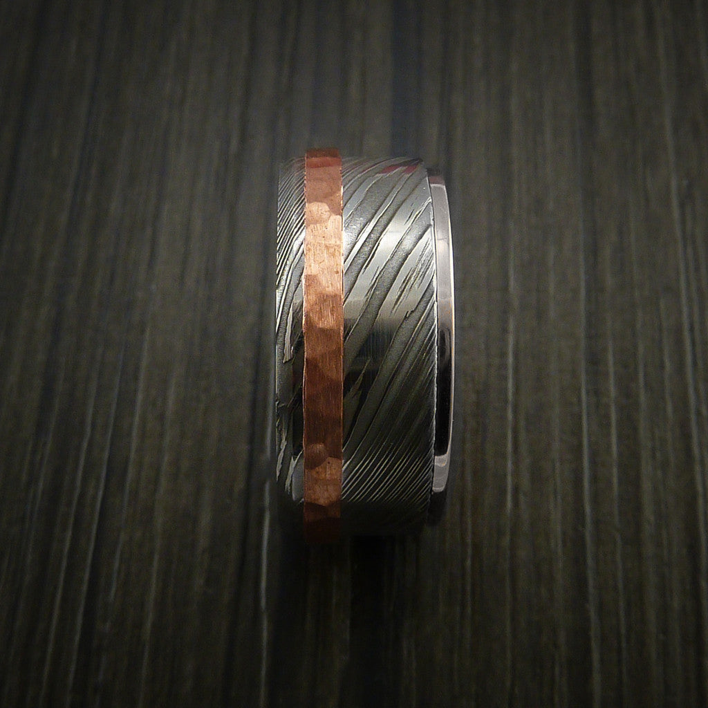 Canyon XII - Damascus Steel 14K White Gold Men's Ring Wedding Ring with Hammered Copper Inlay - view 6 - Nura Lab