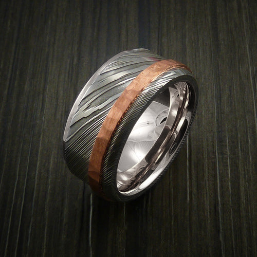 Canyon XII - Damascus Steel 14K White Gold Men's Ring Wedding Ring with Hammered Copper Inlay - view 5 - Nura Lab