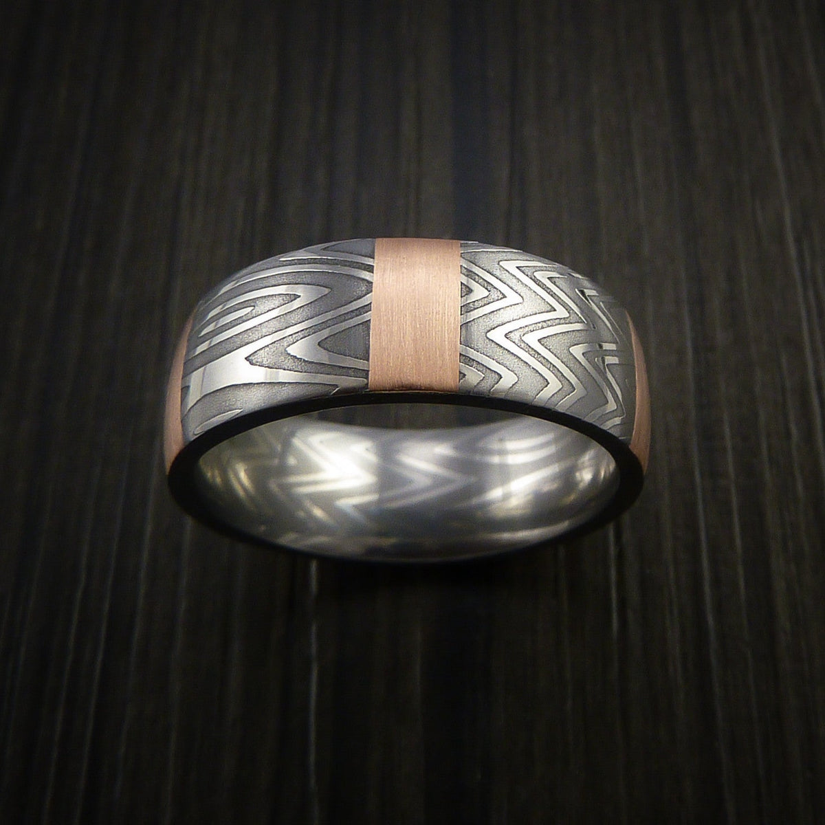 Albatross XI - Zebra Damascus Steel Men's Ring and 14k Rose Gold Stripe Pattern Wedding Ring - view 2 - Nura Lab
