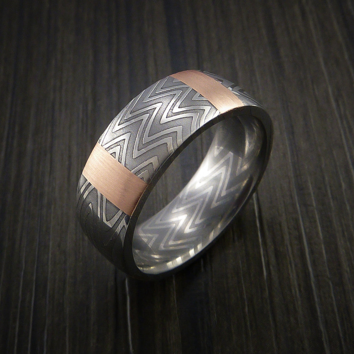 Albatross XI - Zebra Damascus Steel Men's Ring and 14k Rose Gold Stripe Pattern Wedding Ring - view 3 - Nura Lab