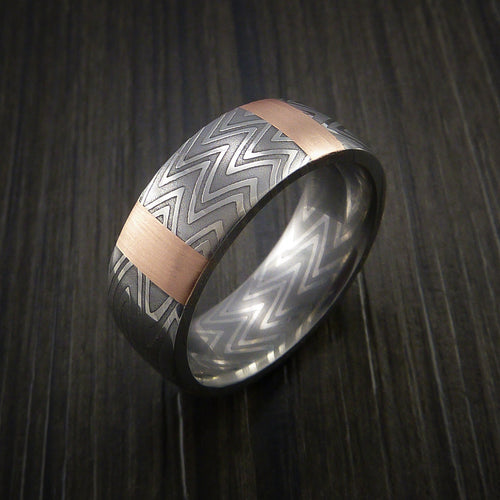 Albatross XI - Zebra Damascus Steel Men's Ring and 14k Rose Gold Stripe Pattern Wedding Ring - view 3 - Nura Lab