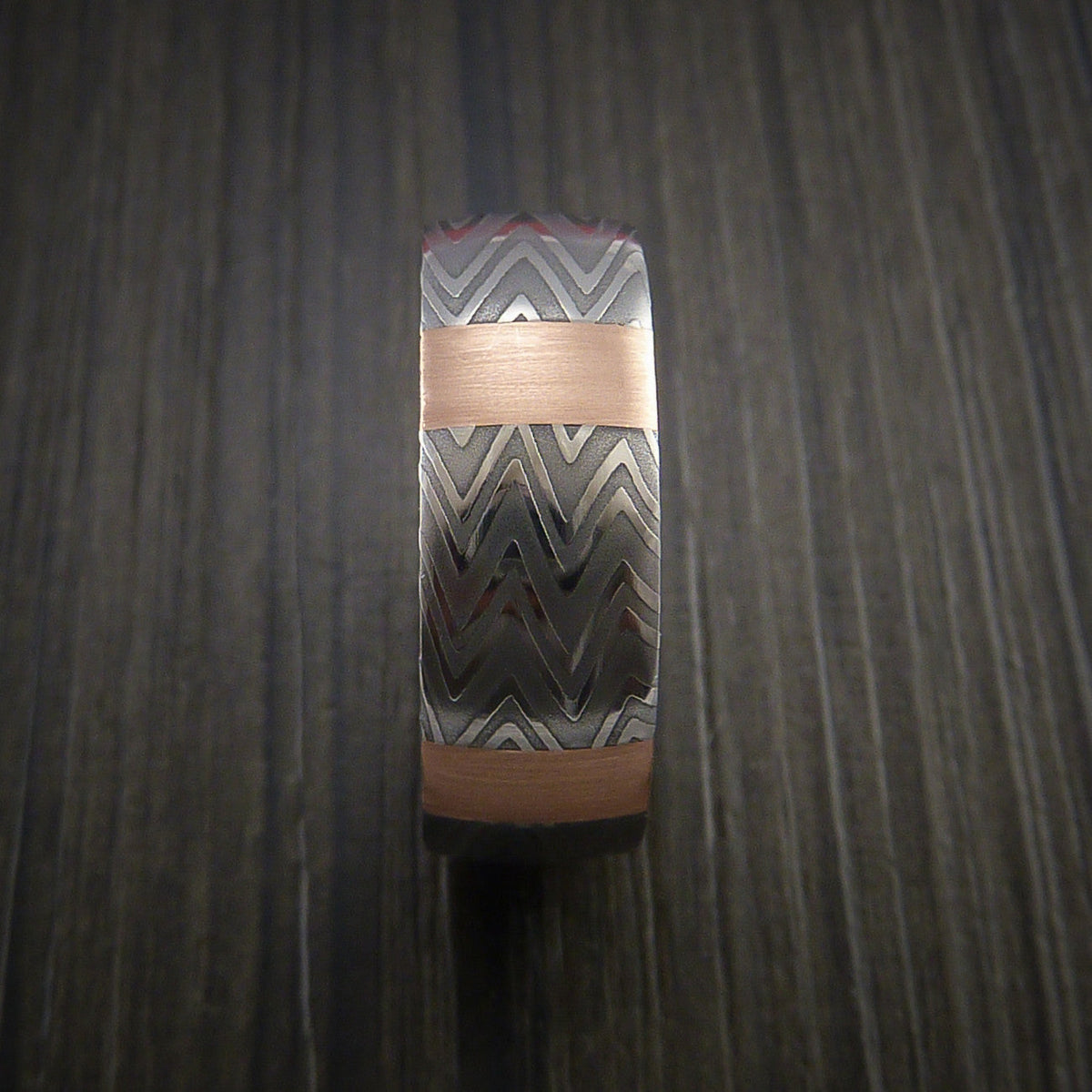 Albatross XI - Zebra Damascus Steel Men's Ring and 14k Rose Gold Stripe Pattern Wedding Ring - view 4 - Nura Lab