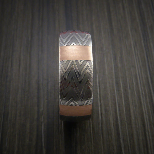 Albatross XI - Zebra Damascus Steel Men's Ring and 14k Rose Gold Stripe Pattern Wedding Ring - view 4 - Nura Lab
