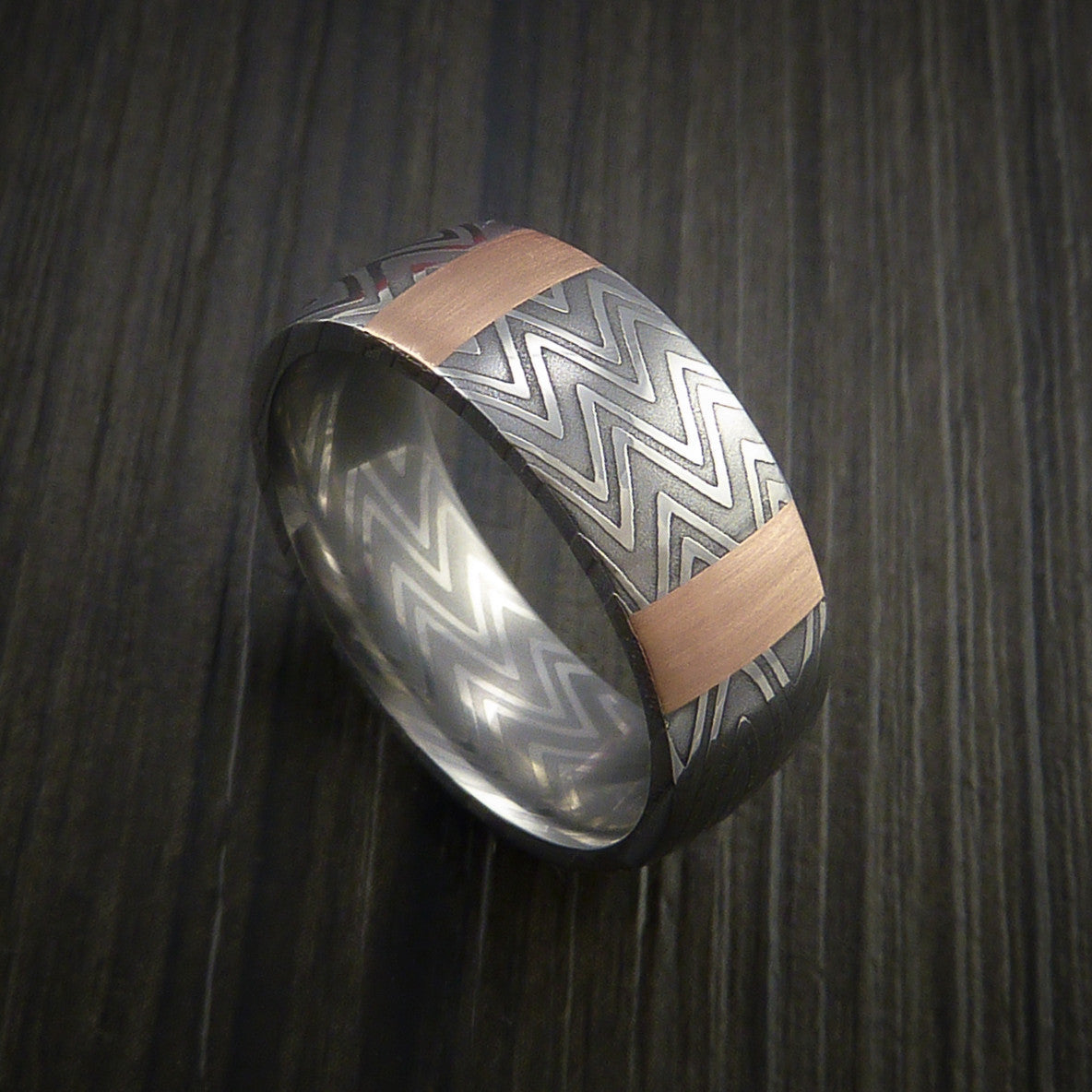 Albatross XI - Zebra Damascus Steel Men's Ring and 14k Rose Gold Stripe Pattern Wedding Ring - Nura Lab