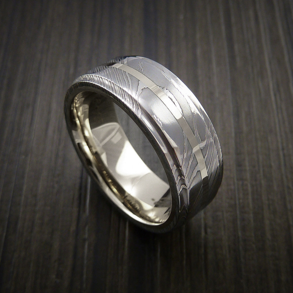 Crown X - Damascus Steel 14K White Gold Men's Ring with Gold Sleeve Wedding Ring - Nura Lab