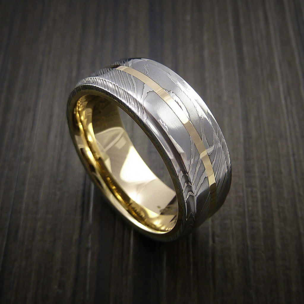 Cedar X - Damascus Steel 14K Yellow Gold Men's Ring with Gold Sleeve Wedding Ring - Nura Lab
