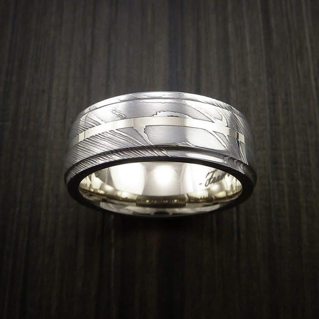 Crown X - Damascus Steel 14K White Gold Men's Ring with Gold Sleeve Wedding Ring - view 2 - Nura Lab