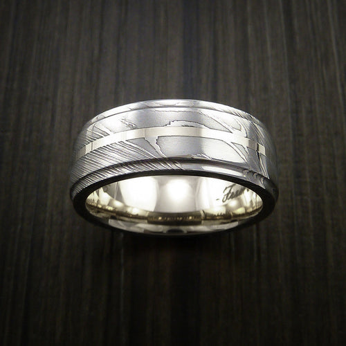 Crown X - Damascus Steel 14K White Gold Men's Ring with Gold Sleeve Wedding Ring - view 2 - Nura Lab