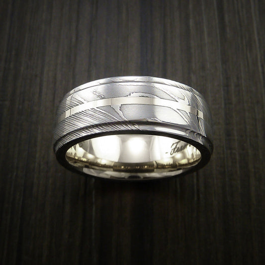 Crown X - Damascus Steel 14K White Gold Men's Ring with Gold Sleeve Wedding Ring - view 2 - Nura Lab
