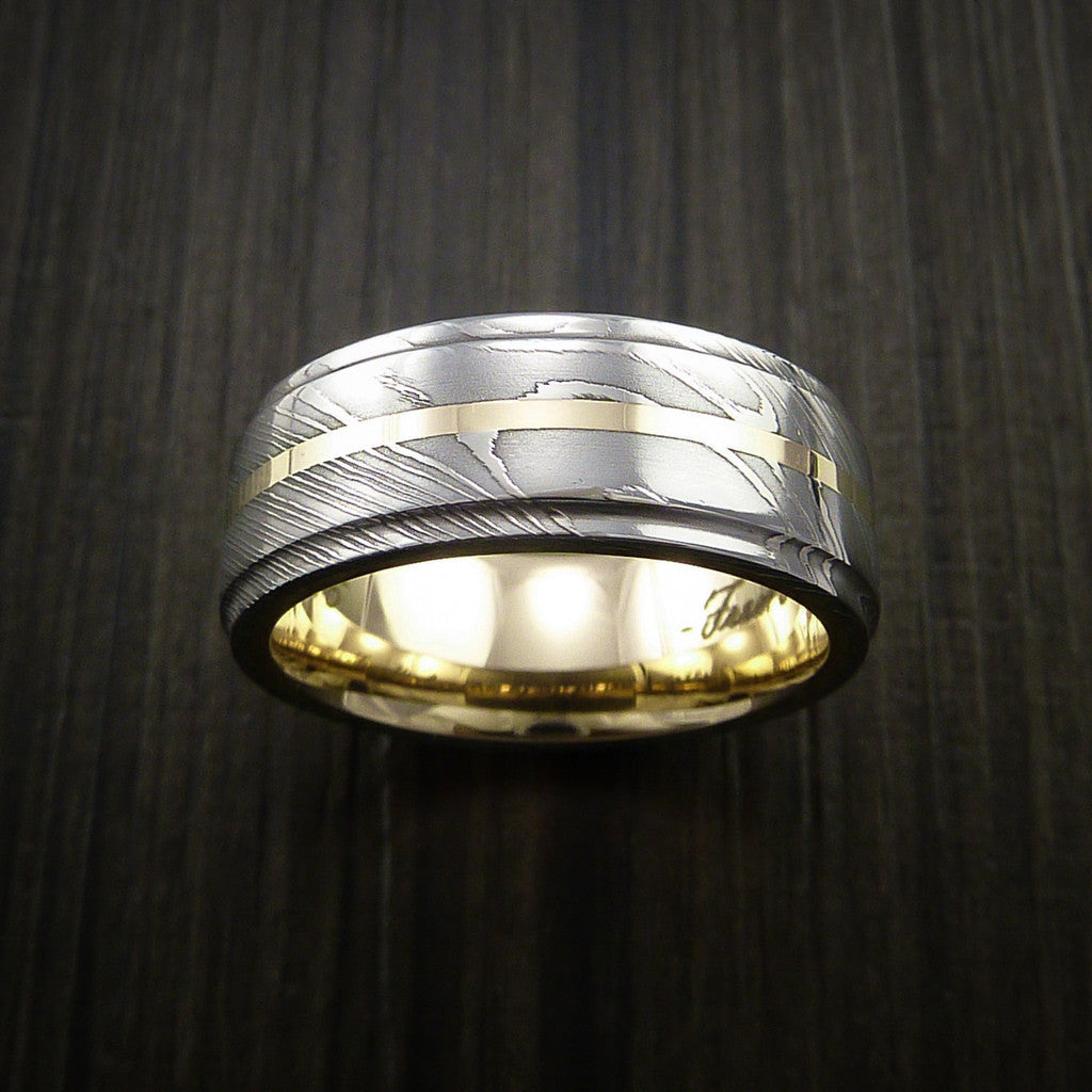 Cedar X - Damascus Steel 14K Yellow Gold Men's Ring with Gold Sleeve Wedding Ring - view 2 - Nura Lab
