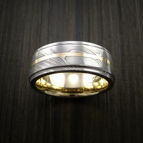 Cedar X - Damascus Steel 14K Yellow Gold Men's Ring with Gold Sleeve Wedding Ring - view 2 - Nura Lab