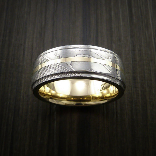 Cedar X - Damascus Steel 14K Yellow Gold Men's Ring with Gold Sleeve Wedding Ring - view 2 - Nura Lab