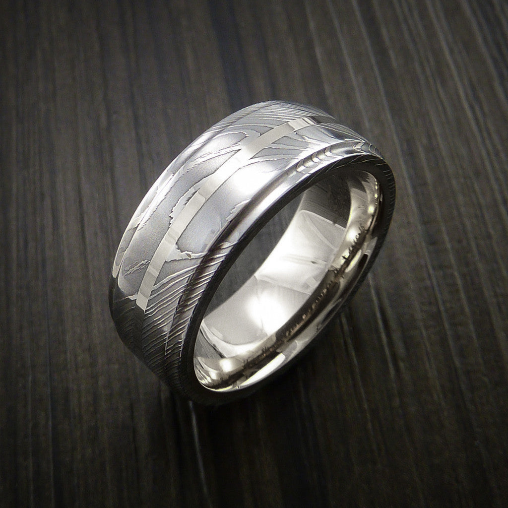 Crown X - Damascus Steel 14K White Gold Men's Ring with Gold Sleeve Wedding Ring - view 4 - Nura Lab