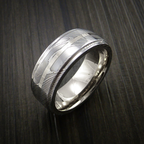 Crown X - Damascus Steel 14K White Gold Men's Ring with Gold Sleeve Wedding Ring - view 4 - Nura Lab