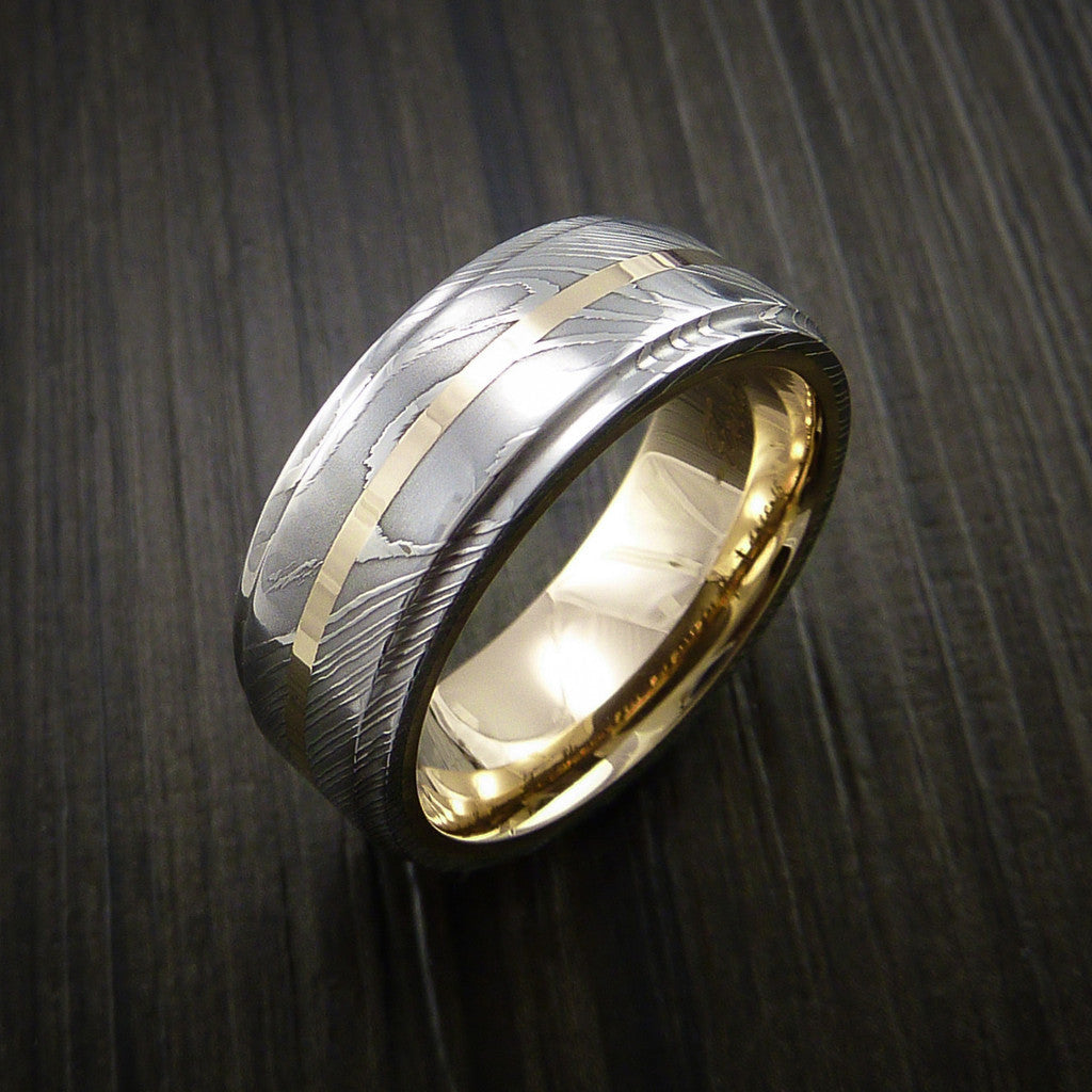 Cedar X - Damascus Steel 14K Yellow Gold Men's Ring with Gold Sleeve Wedding Ring - view 3 - Nura Lab
