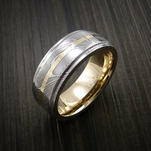 Cedar X - Damascus Steel 14K Yellow Gold Men's Ring with Gold Sleeve Wedding Ring - view 3 - Nura Lab