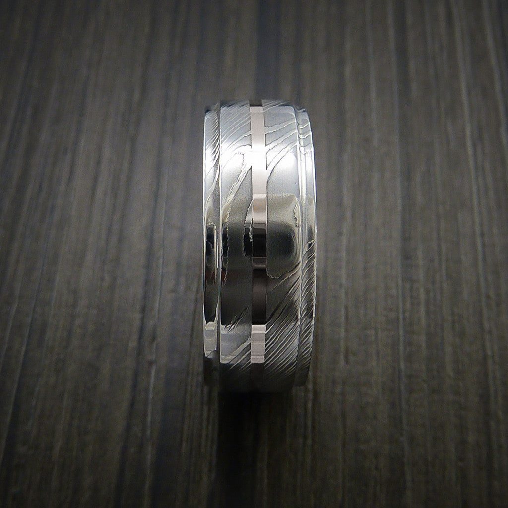 Crown X - Damascus Steel 14K White Gold Men's Ring with Gold Sleeve Wedding Ring - view 3 - Nura Lab