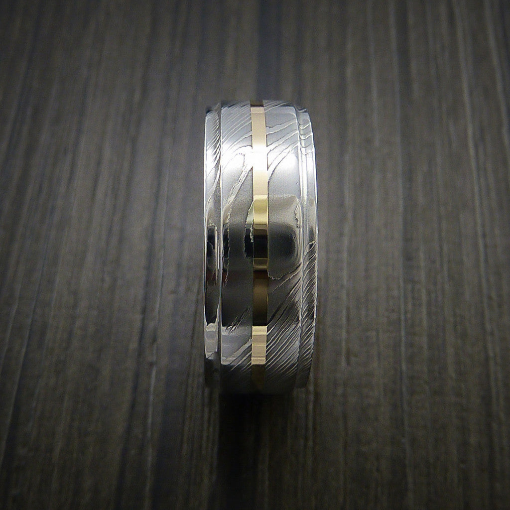 Cedar X - Damascus Steel 14K Yellow Gold Men's Ring with Gold Sleeve Wedding Ring - view 4 - Nura Lab