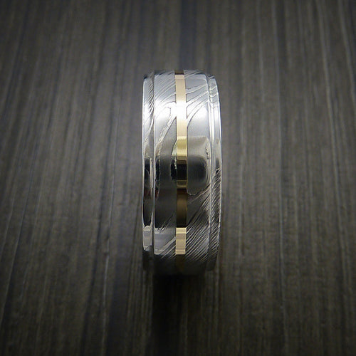 Cedar X - Damascus Steel 14K Yellow Gold Men's Ring with Gold Sleeve Wedding Ring - view 4 - Nura Lab