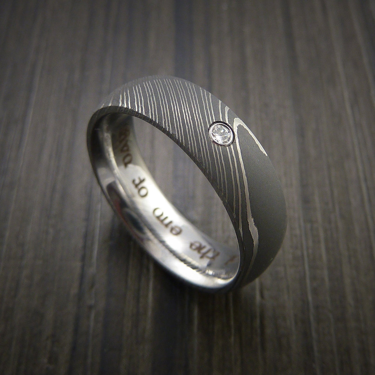Solstice IX - Damascus Steel Men's Wedding Ring with Round Brilliant Moissanite Stone - Nura Lab