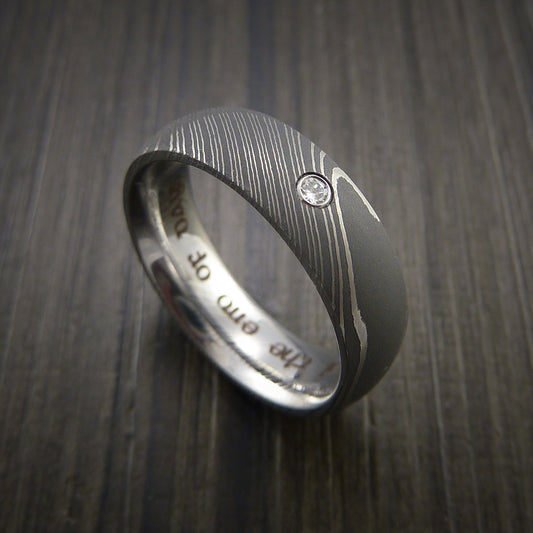 Solstice IX - Damascus Steel Men's Wedding Ring with Round Brilliant Moissanite Stone - Nura Lab