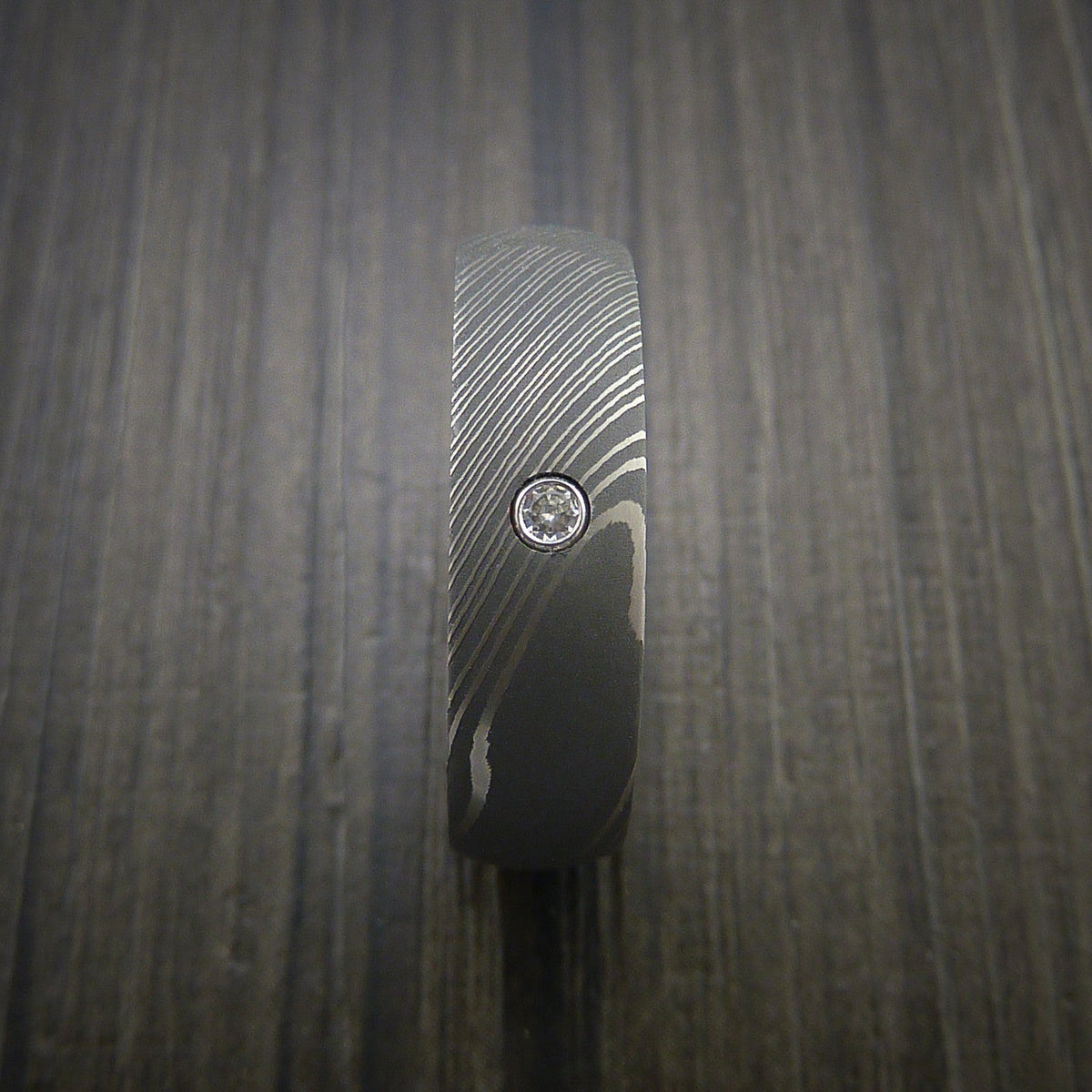 Solstice IX - Damascus Steel Men's Wedding Ring with Round Brilliant Moissanite Stone - view 3 - Nura Lab