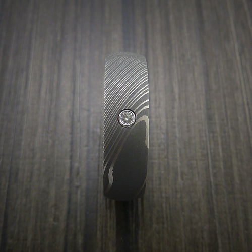 Solstice IX - Damascus Steel Men's Wedding Ring with Round Brilliant Moissanite Stone - view 3 - Nura Lab