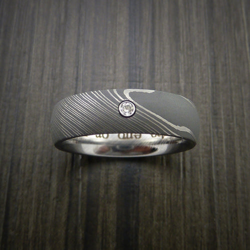Solstice IX - Damascus Steel Men's Wedding Ring with Round Brilliant Moissanite Stone - view 2 - Nura Lab