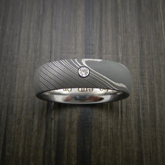 Solstice IX - Damascus Steel Men's Wedding Ring with Round Brilliant Moissanite Stone - view 2 - Nura Lab