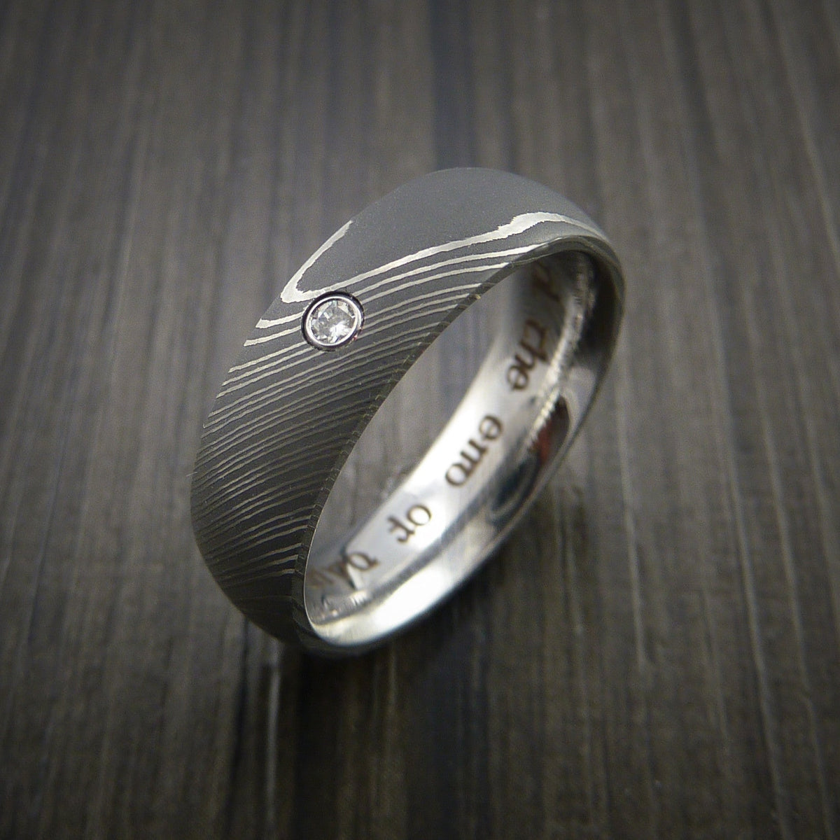 Solstice IX - Damascus Steel Men's Wedding Ring with Round Brilliant Moissanite Stone - view 4 - Nura Lab