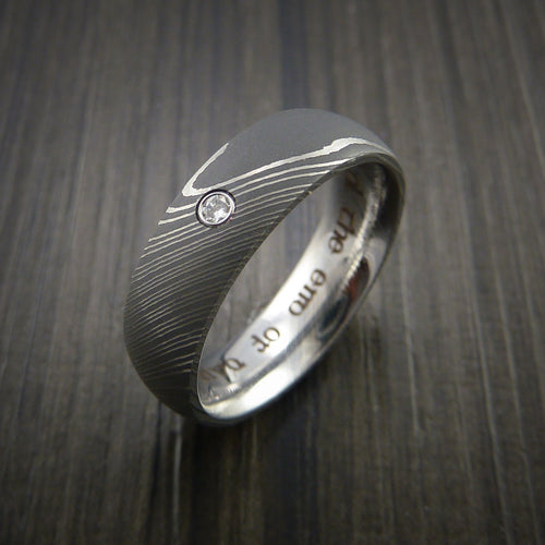 Solstice IX - Damascus Steel Men's Wedding Ring with Round Brilliant Moissanite Stone - view 4 - Nura Lab