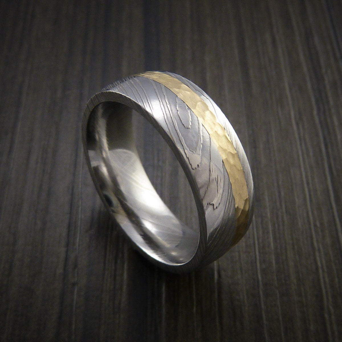 Echelon VIII - Damascus Steel 14K Yellow Gold Men's Ring Wedding Ring Hammer Finish - view 5 - Nura Lab