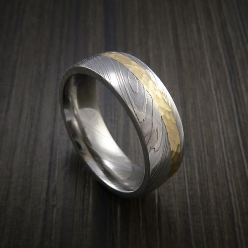 Echelon VIII - Damascus Steel 14K Yellow Gold Men's Ring Wedding Ring Hammer Finish - view 5 - Nura Lab