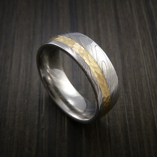 Echelon VIII - Damascus Steel 14K Yellow Gold Men's Ring Wedding Ring Hammer Finish - Nura Lab