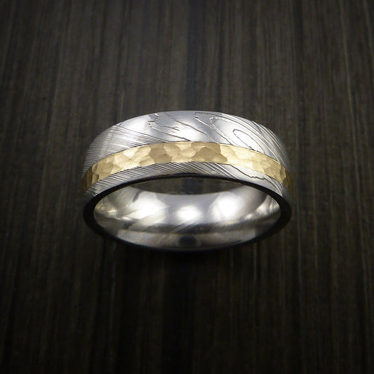 Echelon VIII - Damascus Steel 14K Yellow Gold Men's Ring Wedding Ring Hammer Finish - view 2 - Nura Lab