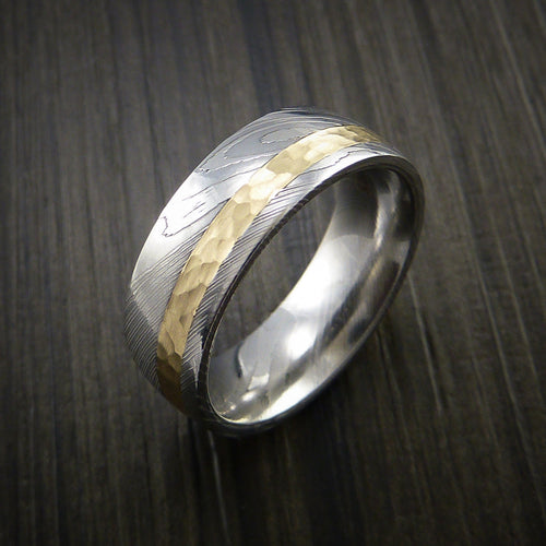 Echelon VIII - Damascus Steel 14K Yellow Gold Men's Ring Wedding Ring Hammer Finish - view 4 - Nura Lab
