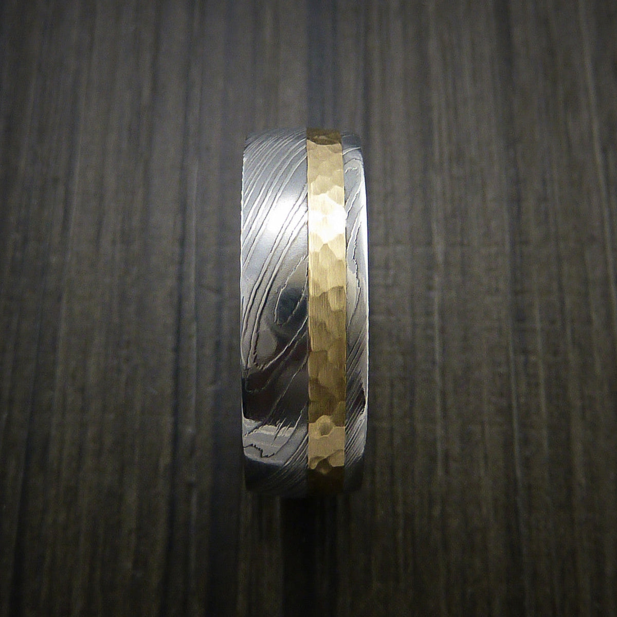 Echelon VIII - Damascus Steel 14K Yellow Gold Men's Ring Wedding Ring Hammer Finish - view 3 - Nura Lab