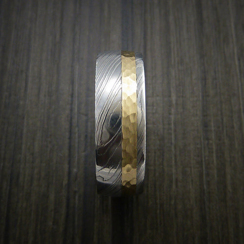 Echelon VIII - Damascus Steel 14K Yellow Gold Men's Ring Wedding Ring Hammer Finish - view 3 - Nura Lab