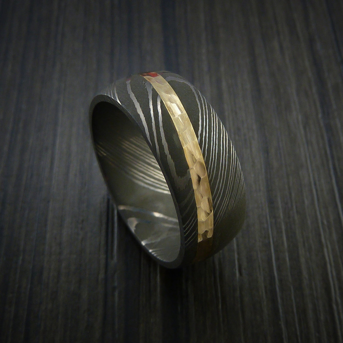 King George X - Damascus Steel Diagonal 14K Yellow Gold Men's Ring Wedding Ring - Nura Lab