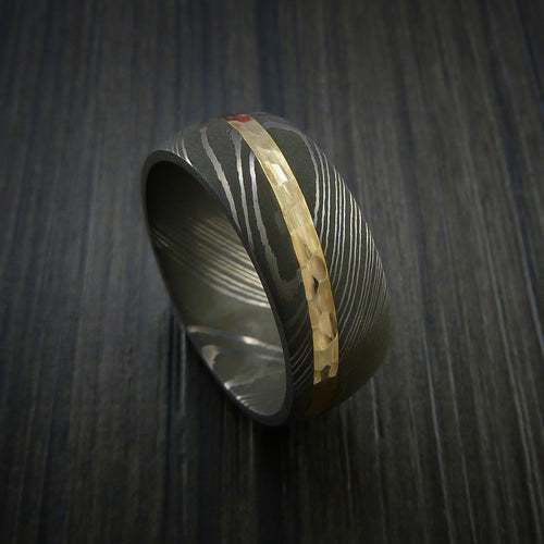 King George X - Damascus Steel Diagonal 14K Yellow Gold Men's Ring Wedding Ring - Nura Lab