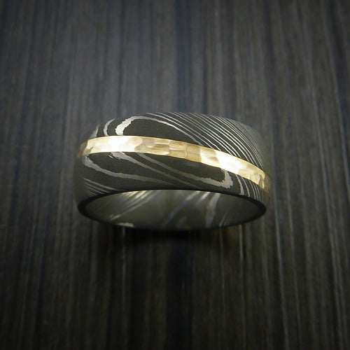 King George X - Damascus Steel Diagonal 14K Yellow Gold Men's Ring Wedding Ring - view 2 - Nura Lab