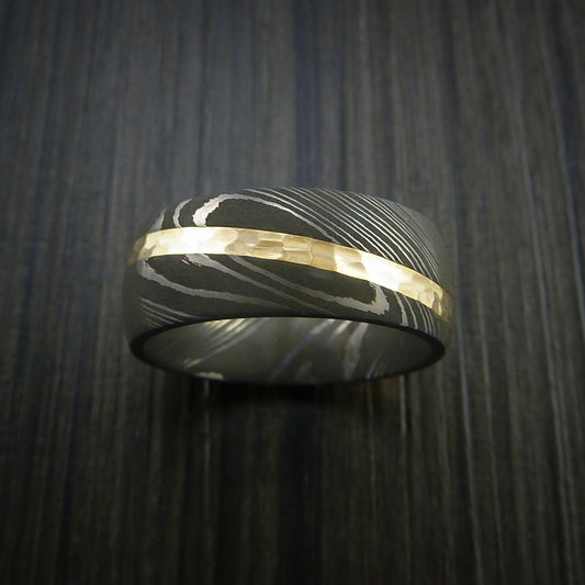 King George X - Damascus Steel Diagonal 14K Yellow Gold Men's Ring Wedding Ring - view 2 - Nura Lab