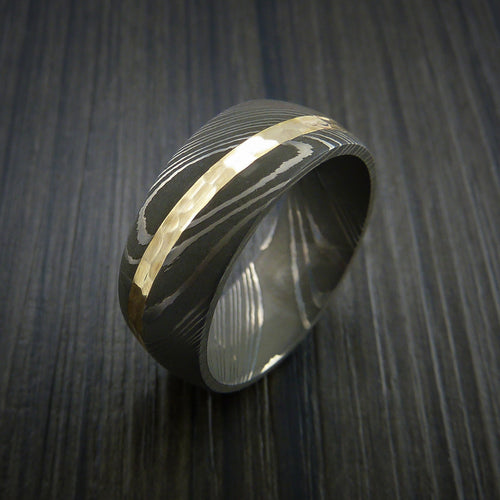 King George X - Damascus Steel Diagonal 14K Yellow Gold Men's Ring Wedding Ring - view 4 - Nura Lab
