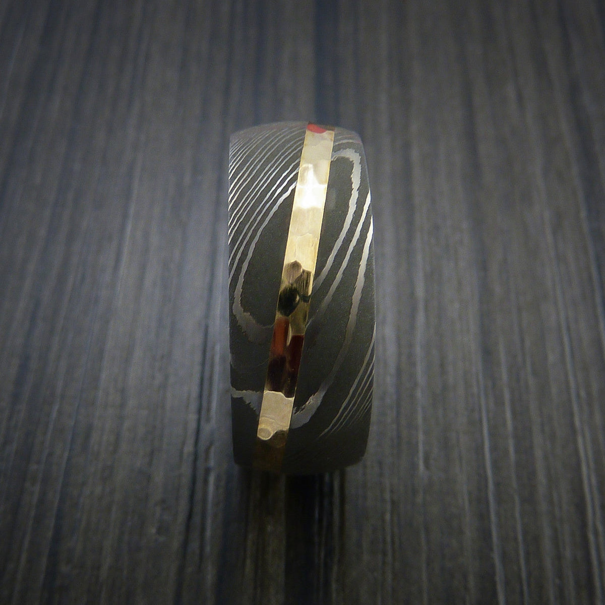 King George X - Damascus Steel Diagonal 14K Yellow Gold Men's Ring Wedding Ring - view 3 - Nura Lab
