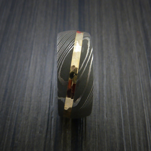 King George X - Damascus Steel Diagonal 14K Yellow Gold Men's Ring Wedding Ring - view 3 - Nura Lab